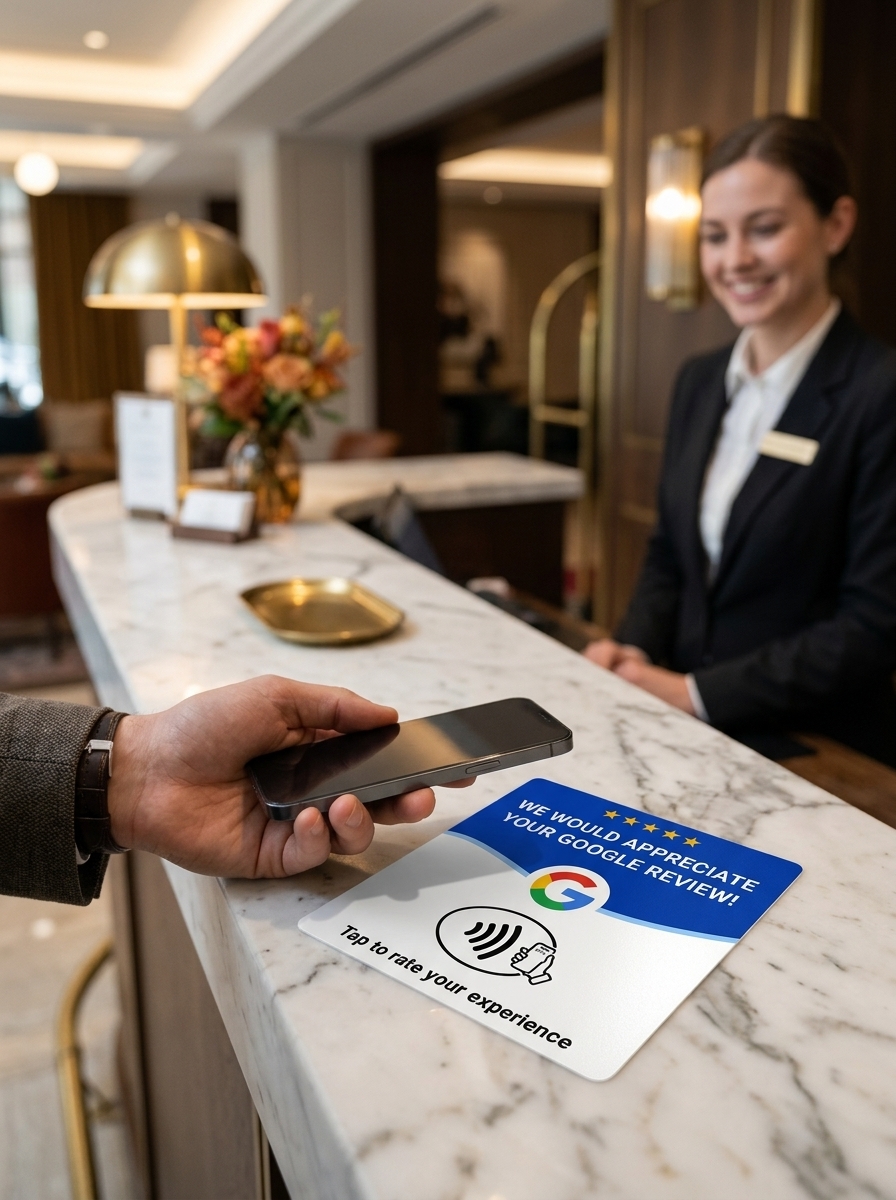 Customer tapping a phone on an NFC review card