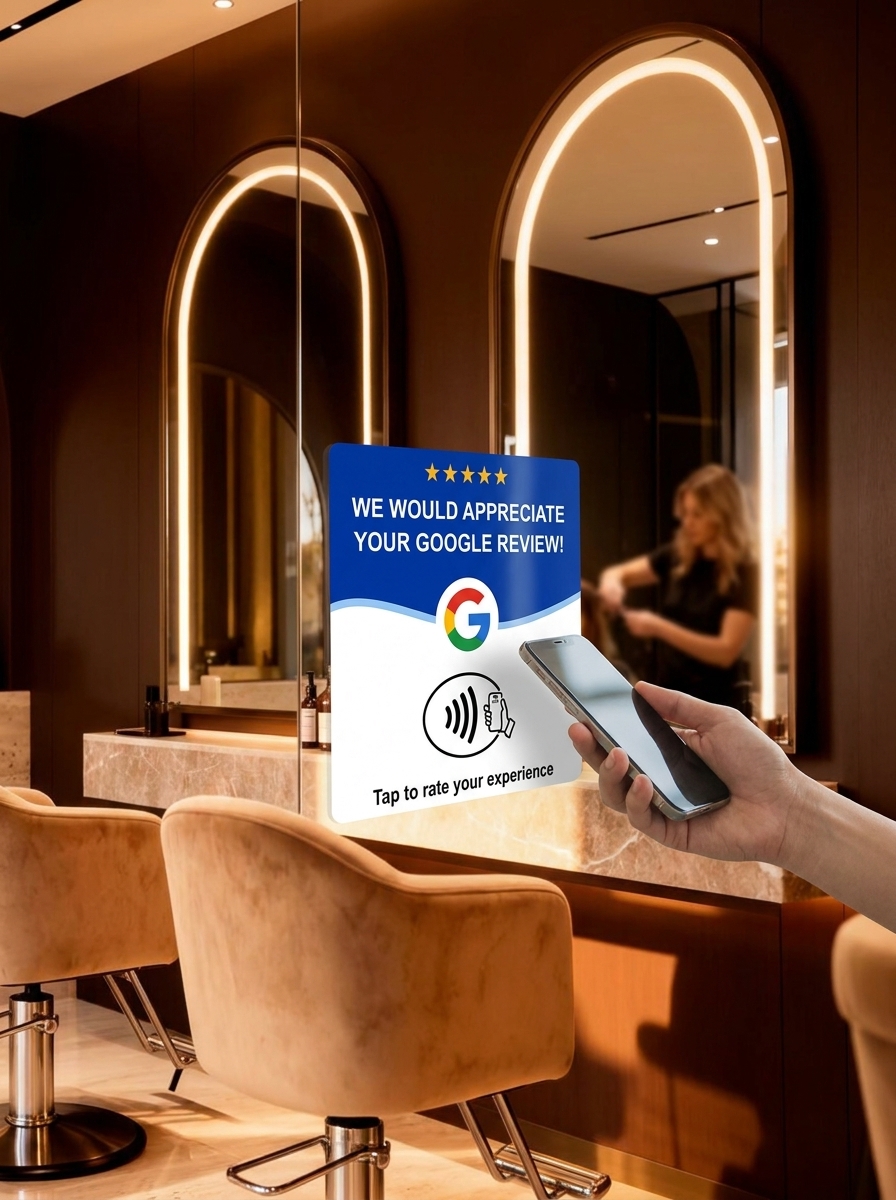 Acrylic NFC review stand with wooden base