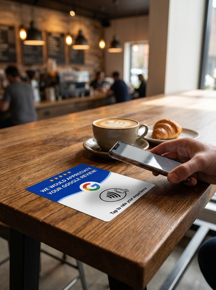 NFC review card on a restaurant table