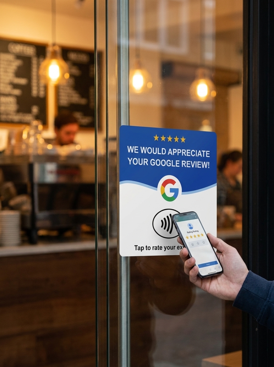 Restaurant table with an NFC review card